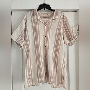 Distortion Mens Tan and Cream Striped Button Up Shirt